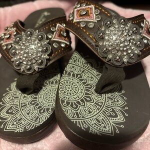 Montana West Dark Brown Sandals with Silver and Pink Accents